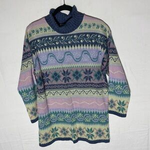 Vintage Grace Blue Purple Green Multi Print Jacquard Knit Mock Neck Sweater S